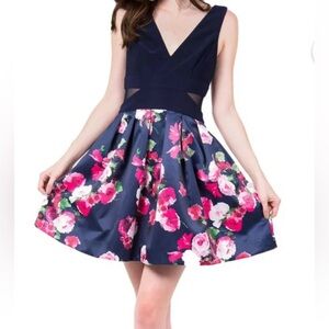 Navy Pink Sleeveless Illusion-Inset Floral-Print Fit & Flare Dress Size 2